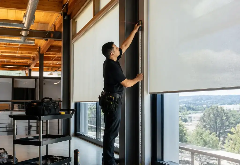 Installer measuring a tall commercial window opening in a finished Bay Area workspace
