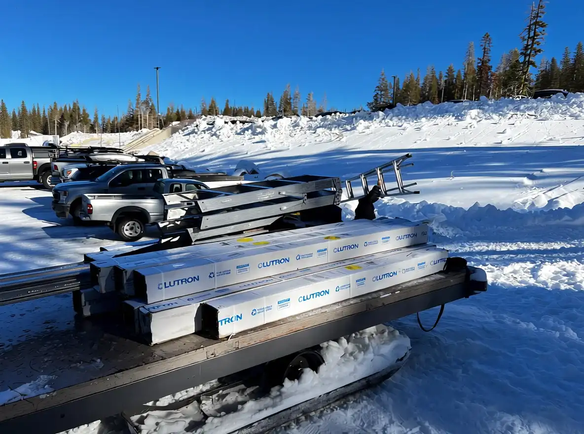 Lutron shade installation materials prepared for a snowy site