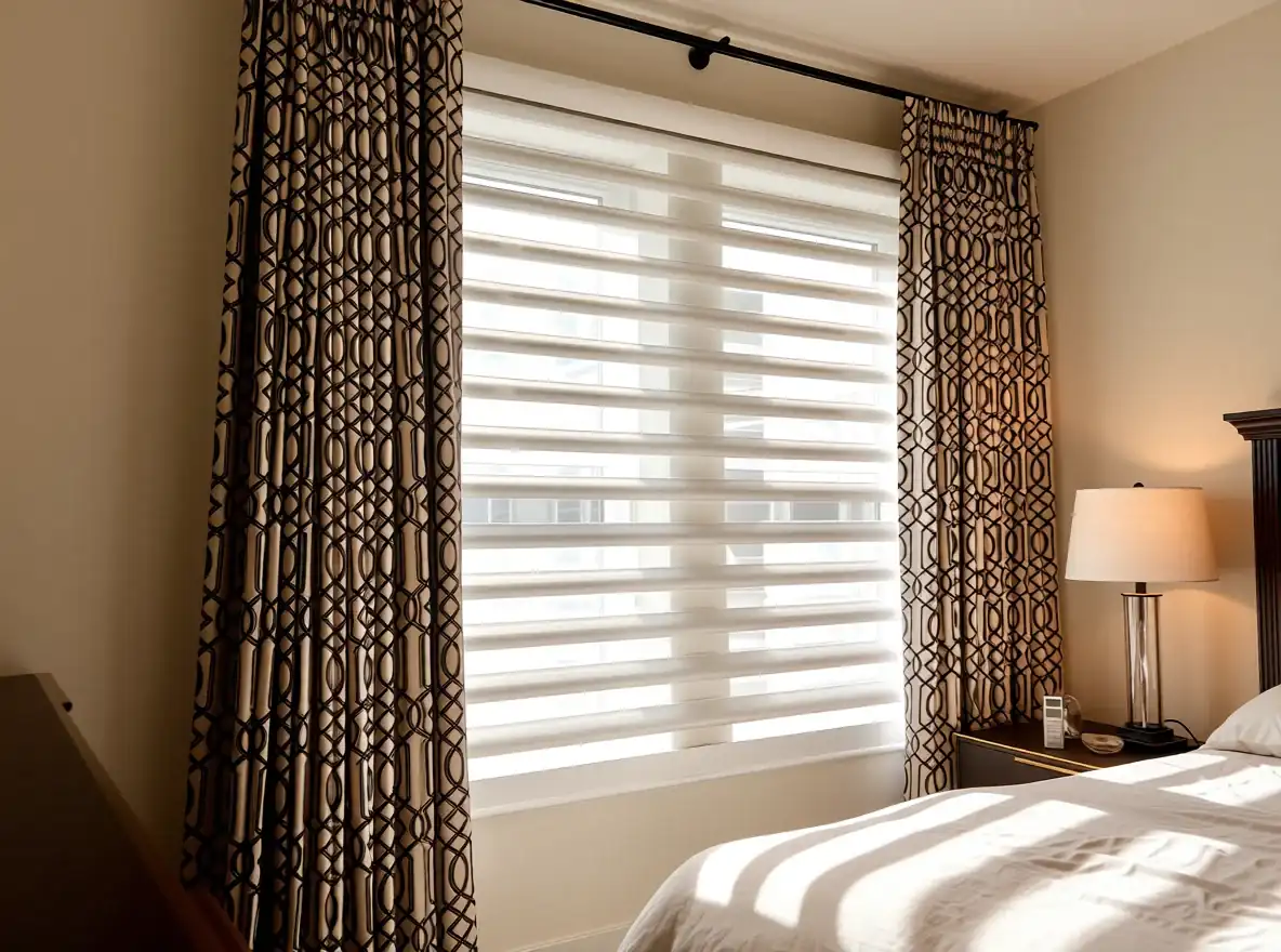Silhouette shade filtering daylight in a finished bedroom
